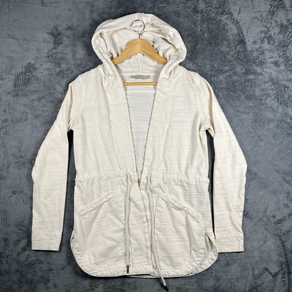 Ann Taylor Loft Jacket Womens Small Beige Knit Drawstring Waist Hooded Side Slit